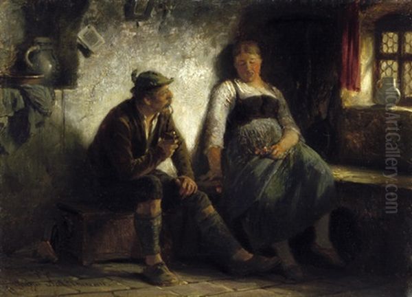 Das Stelldichein - Tiroler Bauer Und Madchen In Der Stube Oil Painting by Hugo Kauffmann