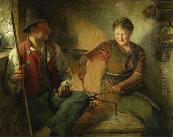 Junges Paar Am Feuer Oil Painting by Hugo Kauffmann