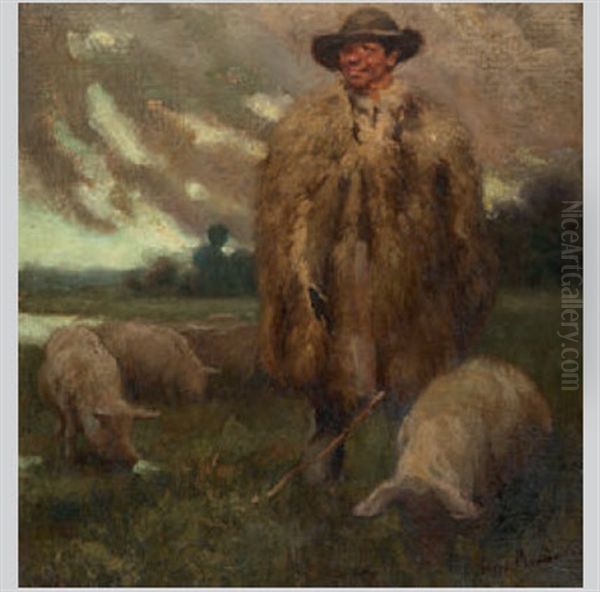 Weite Landschaft Mit Schweinehirt Und Tieren Oil Painting by Hugo Kauffmann