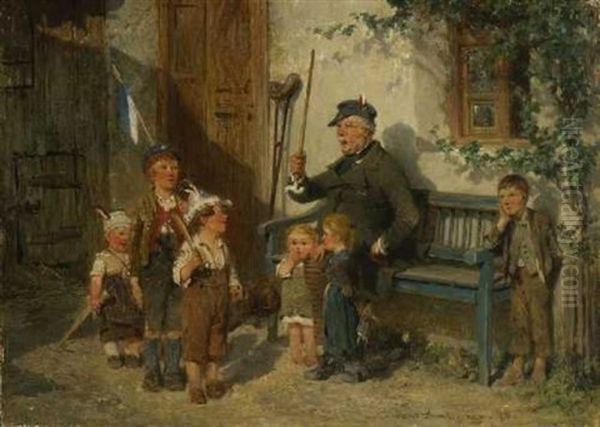 Kinder Mit Ihrem Grosvater, Soldat Spielend Oil Painting by Hugo Kauffmann