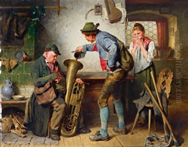 Holzknecht, Bier In Bombardon Giesend Oil Painting by Hugo Kauffmann
