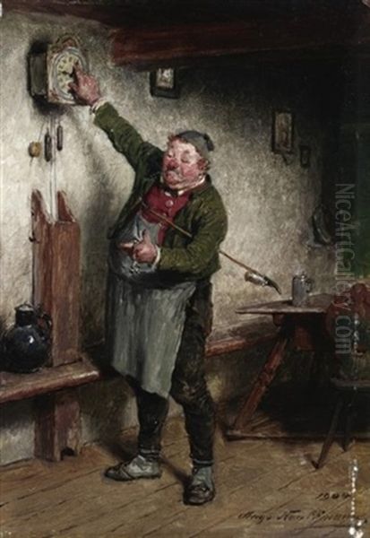 In Der Guten Stube. Ein Pfeiferraucher Beim Stellen Einer Wanduhr Oil Painting by Hugo Kauffmann