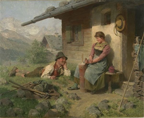 Madel Und Liegender Bursch Vor Der Almhutte Oil Painting by Hugo Kauffmann