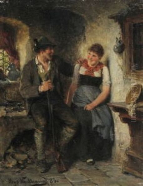 Jager Und Dirndl In Der Stube Oil Painting by Hugo Kauffmann