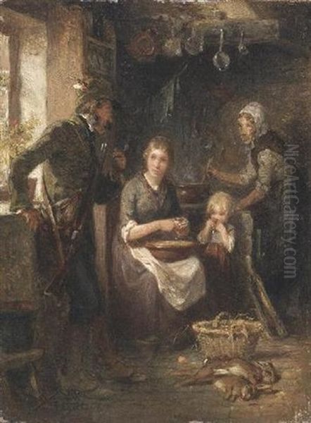 Heimkehr Von Der Jagd. Die Familie Lauscht Aufmerksam Den Erzahlungen Des Vaters In Der Kuche Oil Painting by Hugo Kauffmann