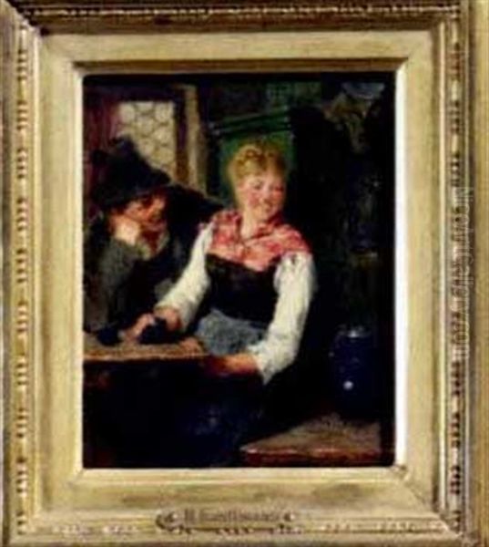 In Einer Wirtsstube Scherzt Ein Bauer Mit Einer Jungen Magd, Die Verlegen Zur Seite Blickt Oil Painting by Hugo Kauffmann