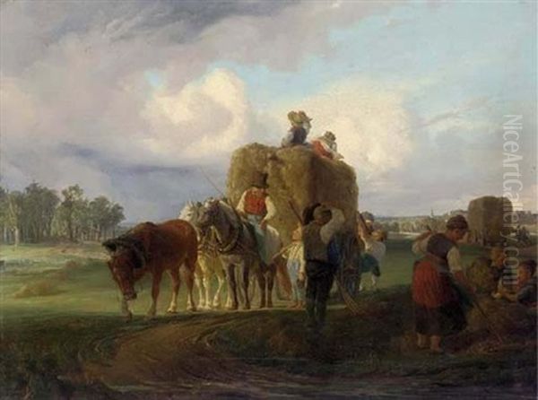 Gathering In The Hay Oil Painting by Hugo Kauffmann