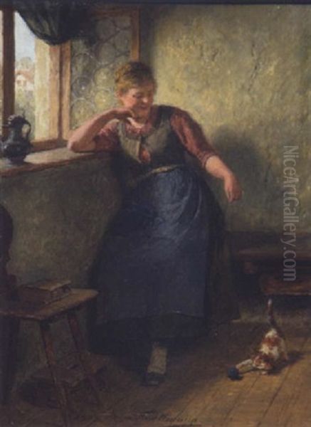 Madel Mit Katze Am Fenster Oil Painting by Hugo Kauffmann
