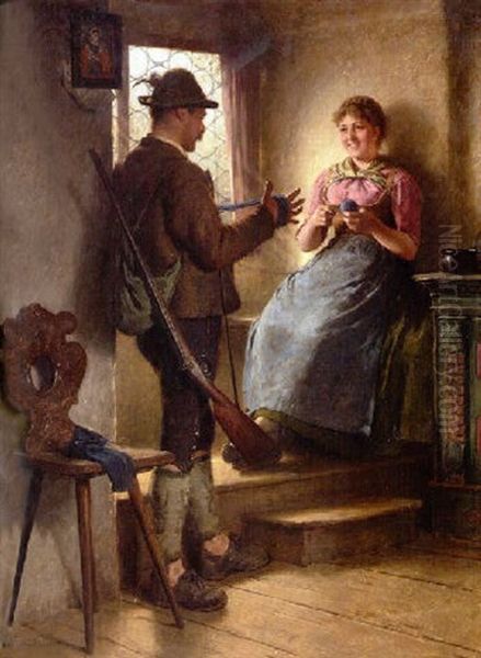 Madchen Mit Jager Beim Wickeln Des Garns Oil Painting by Hugo Kauffmann