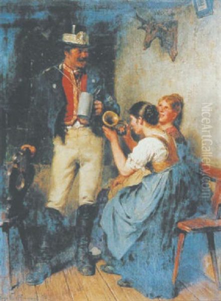 Der Postbote Beim Schwatz Mit Zwei Jungen Frauen Oil Painting by Hugo Kauffmann