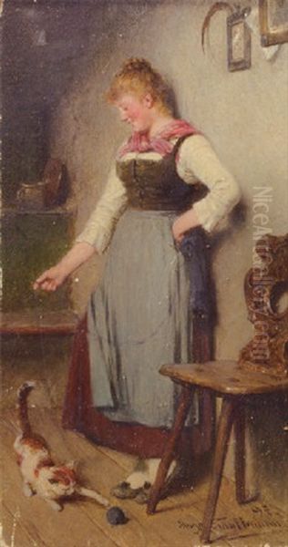 A Playful Moment Oil Painting by Hugo Kauffmann