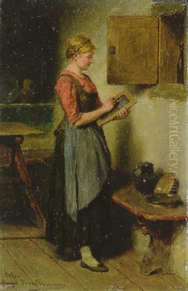 Schankmagd, Die Auf Der Schiefertafel Die Flasche Wien Aus Der Durchreiche Ankreidet Oil Painting by Hugo Kauffmann