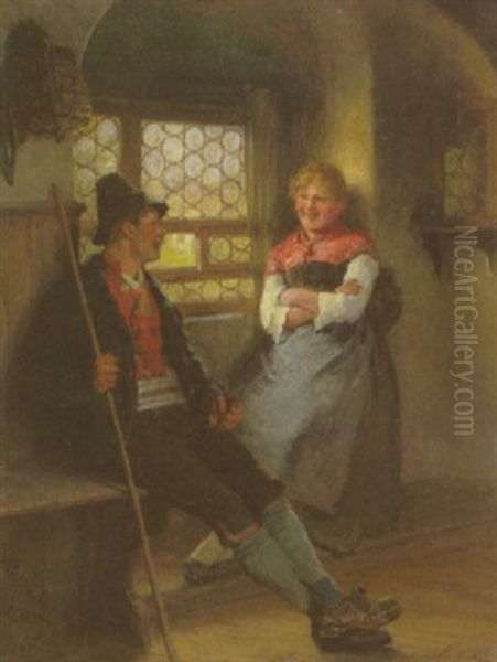 Bursche Und Dirndl Am Fenster Der Bauernstube Oil Painting by Hugo Kauffmann