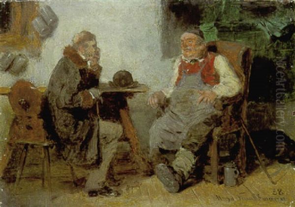 Schankwirt Und Sein Stammgast Am Tisch Im Gesprach Oil Painting by Hugo Kauffmann