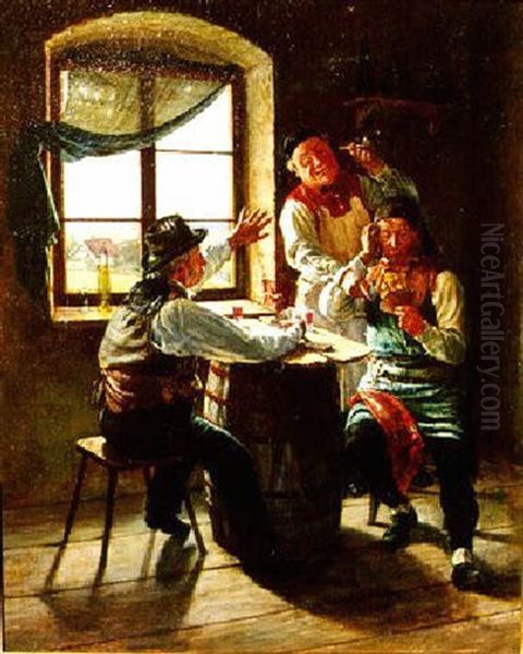 Interior Of A Tavern Scene And Three Men In Card Scene Oil Painting by Hugo Kauffmann