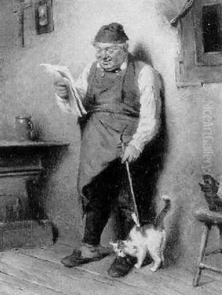 Zeitungslesender Bauernwirt, Eine Katze Neckend Oil Painting by Hugo Kauffmann