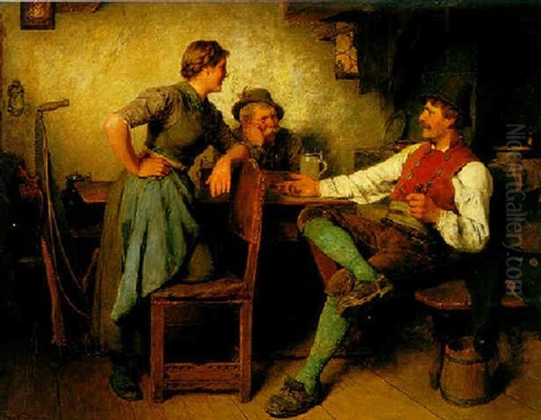 Madel Mit Zwei Burschen In Der Stube Oil Painting by Hugo Kauffmann
