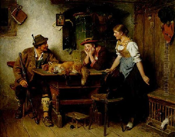 Jager Mit Fuchs Und Zwei Madel Oil Painting by Hugo Kauffmann