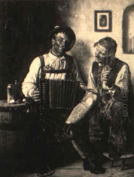 Tavern Scene With Pipe Smoker And Accordion Player Oil Painting by Hugo Kauffmann