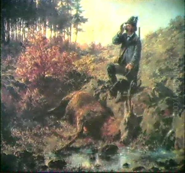 Ein Jager Sitzt Mit Seinem Hund An Einem Von Felsgeroll     Umgebenen Bachlauf, An Dessen Ufer Der Erlegte Hirsch Liegt Oil Painting by Hugo Kauffmann