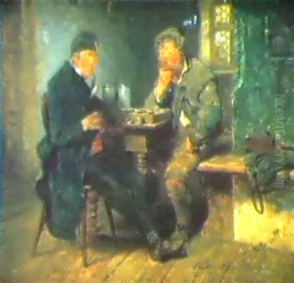 Damespieler.an Einem Tisch Sitzen Zwei Herren Grubelnd      Uber Dem Spiel Oil Painting by Hugo Kauffmann