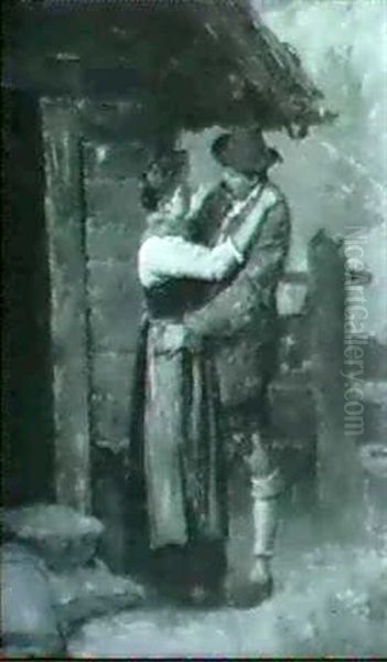 Dirndl Und Bursch Vor Einer Alten Hutte Oil Painting by Hugo Kauffmann