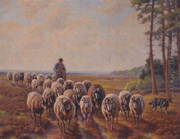 Schafherde In Der Heide Oil Painting by August Kaufhold