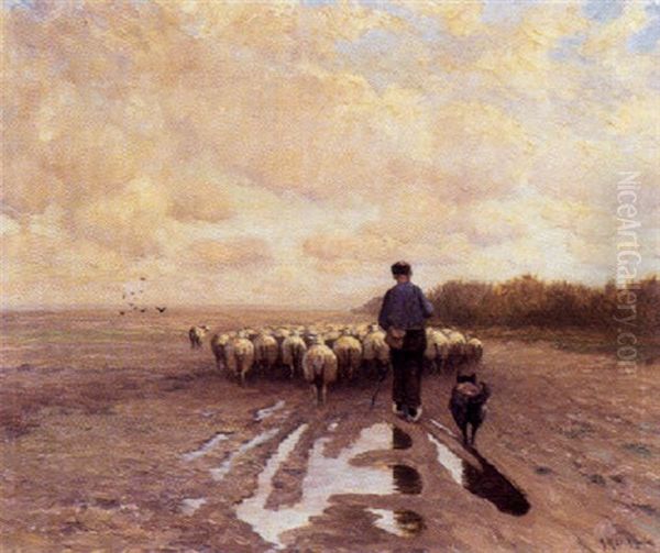 Schafer Mit Seiner Herde In Weiter Landschaft Oil Painting by August Kaufhold