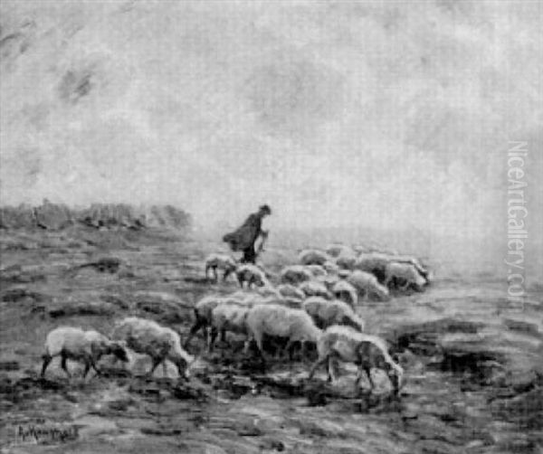 Schafer Mit Seiner Herde Oil Painting by August Kaufhold