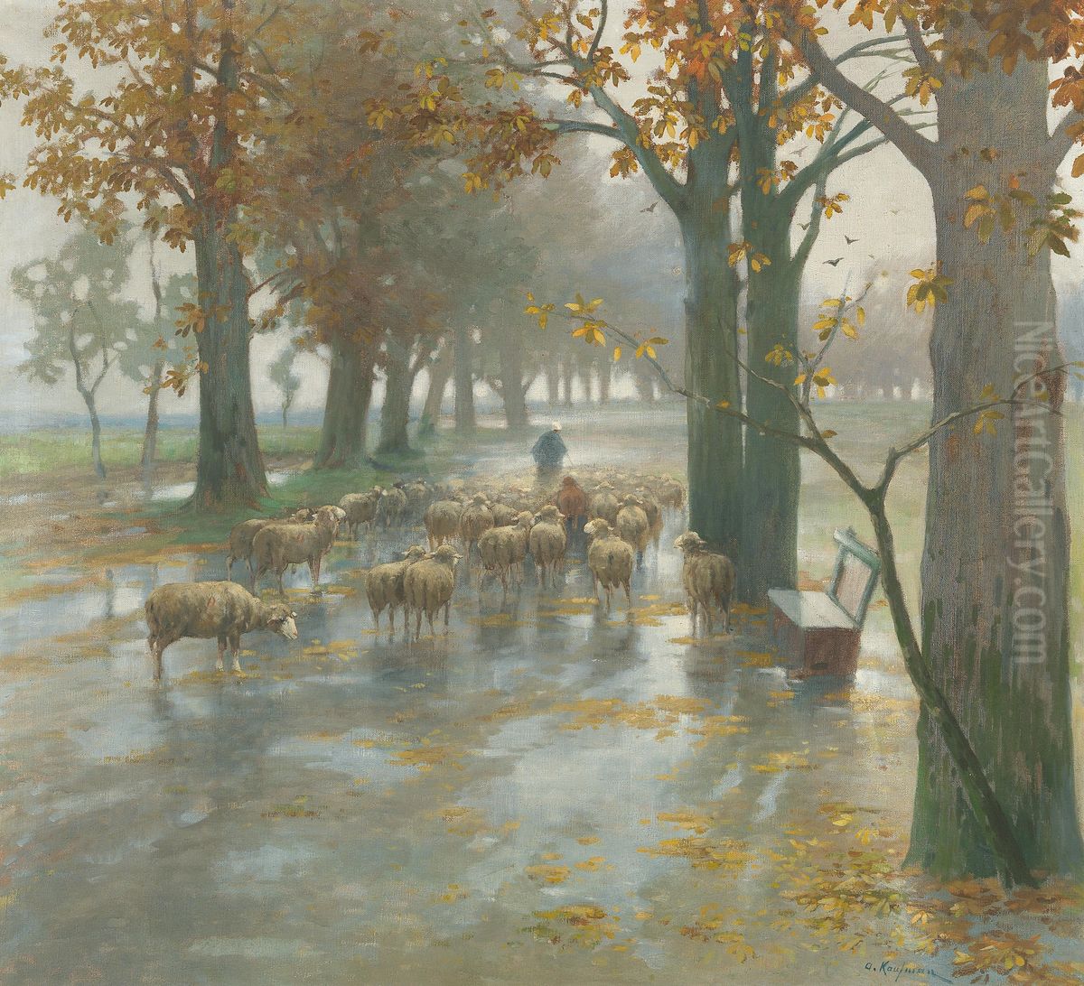 Flock Of Sheep With Shepherdess On A Rainy Day Oil Painting by Adolf Kaufmann