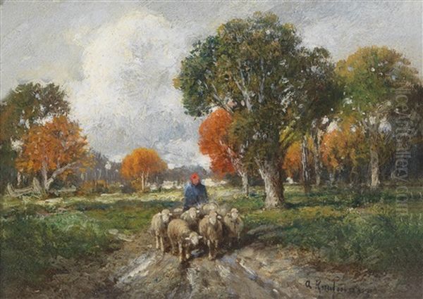 Shepherd And Herd Of Sheep Oil Painting by Adolf Kaufmann