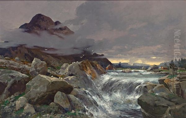 Norwegische Landschaft Mit Wasserfall Und Fischerdorf Oil Painting by Adolf Kaufmann