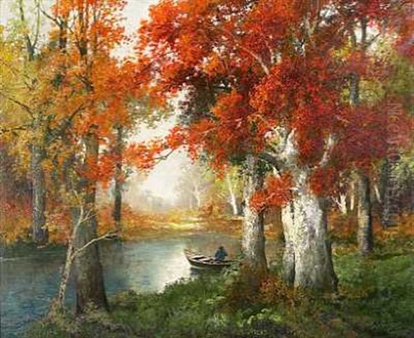 Lystfisker Ved En Skovso En Efterarsdag Oil Painting by Adolf Kaufmann