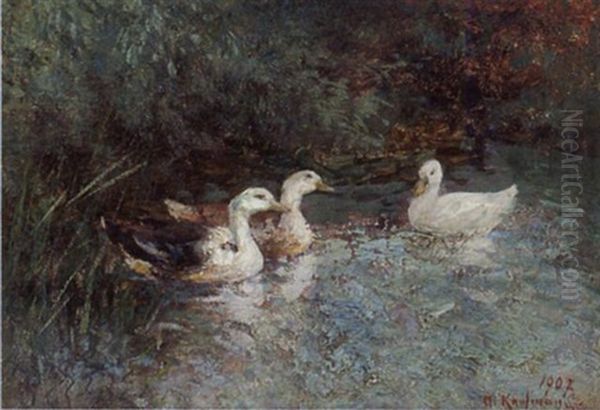 Enten Im Wasser Oil Painting by Adolf Kaufmann