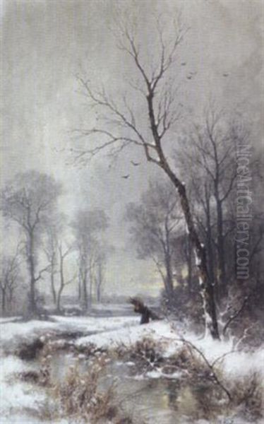 Holzsammlerin Im Winter Oil Painting by Adolf Kaufmann