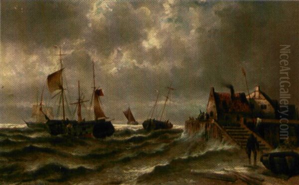 Marine Med Fiskerbade, Der Vender Hjem Oil Painting by Adolf Kaufmann