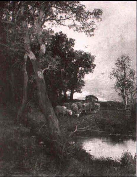 Schafherde Am Weiher Oil Painting by Adolf Kaufmann