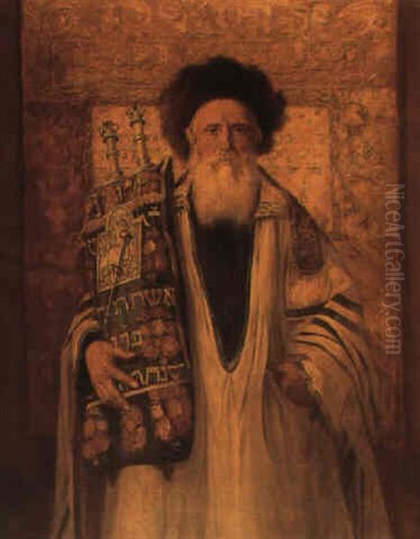 A Portrait Of A Rabbi Holding The Torah Oil Painting by Isidor Kaufmann