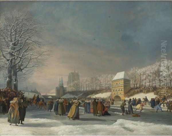 The Women's Speed Skating Contest On The Stadsgracht, Leeuwarden Oil Painting by Nicolaas Bauer