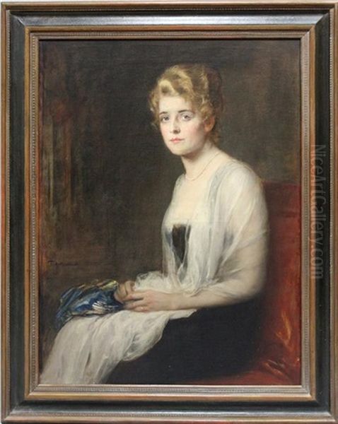 Junge Frau Mit Transparentem Schal Und Perlenkette Oil Painting by Friedrich August von Kaulbach