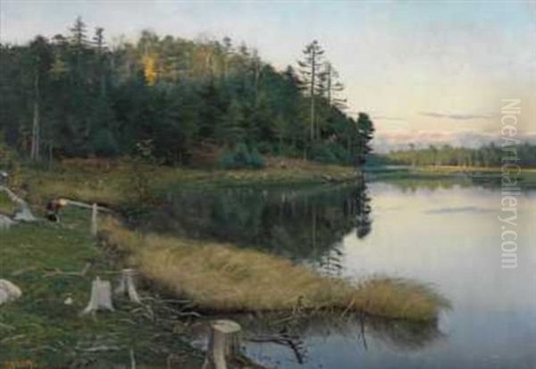 Aftenstemning Ved Tjernet Oil Painting by Haakon Jensen Kaulum