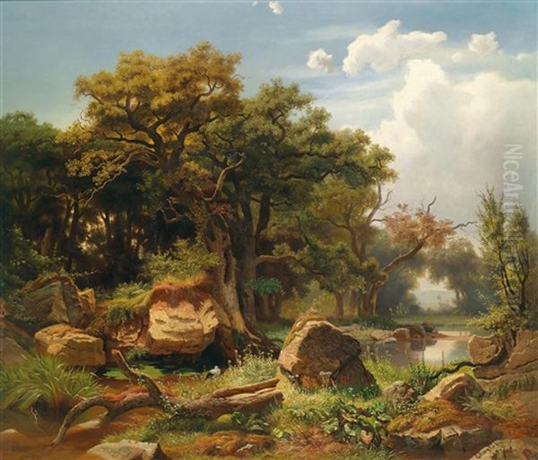 Aulandschaft Mit Storch Oil Painting by Johann Kautsky