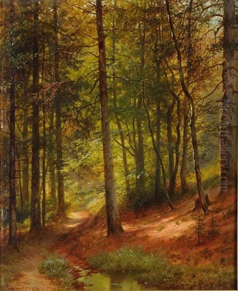 The Interior Of A Forest Oil Painting by Johann Kautsky
