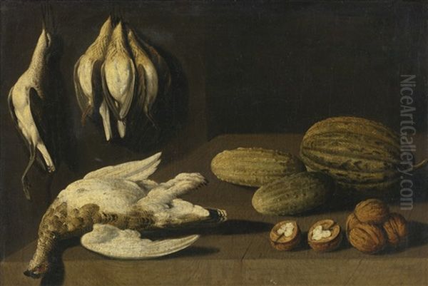 Still Life Of Dead Game Birds, Gherkins, A Melon And Walnuts All On A Wooden Table Oil Painting by Albrecht Kauw