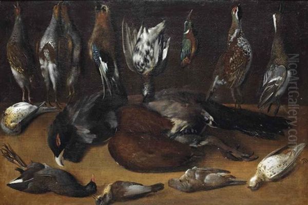Partridges, An Eurasian Jay, A Quail, A Kingfisher And A Duck, All Suspended From Nails, A Capercaillie And Various Other Birds On A Table Oil Painting by Albrecht Kauw