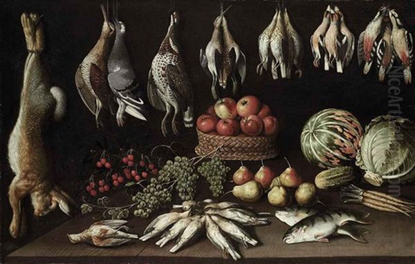 Apples In A Wicker Basket, With Pears, Grapes, Cherries, A Gherkin, Lettuce, Melon, Dead Birds And Fish On A Wooden Table, With A Rabbit, Woodcocks... Oil Painting by Albrecht Kauw