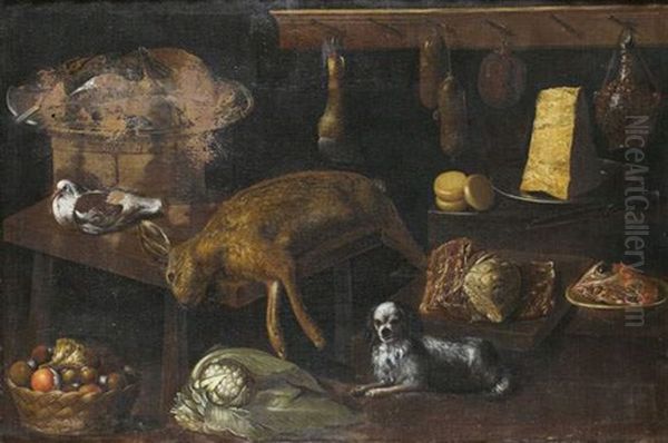 Nature Morte Au Gibier, A La Corbeille De Fruits, Aux Fromages Gardee Par Un Chien Oil Painting by Albrecht Kauw