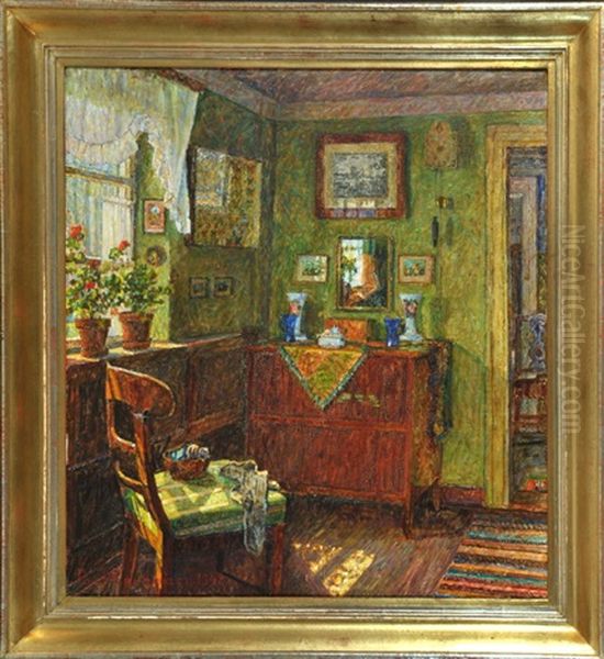 Stubeninterieur Mit Geranien Am Fenster Oil Painting by Paul Kauzmann