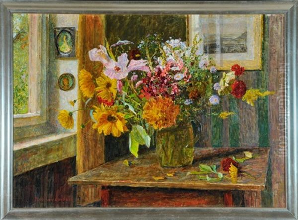 Stubeninterieur Mit Gartenblumenstraus Auf Tisch Oil Painting by Paul Kauzmann