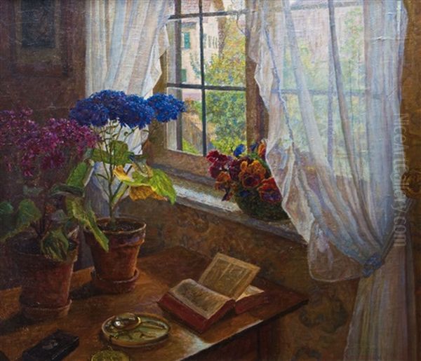 Interieuransicht Mit Blumen Am Sonnendurchfluteten Fenster Oil Painting by Paul Kauzmann